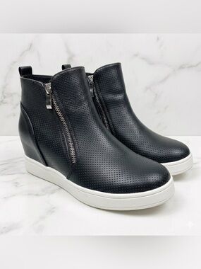 Journee Collection Zina Black White Perforated Double Zip Wedge Sneakers Sz 7.5